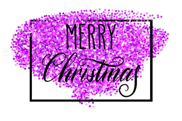 Handwritten Christmas modern calligraphy lettering greetings over glitter frame