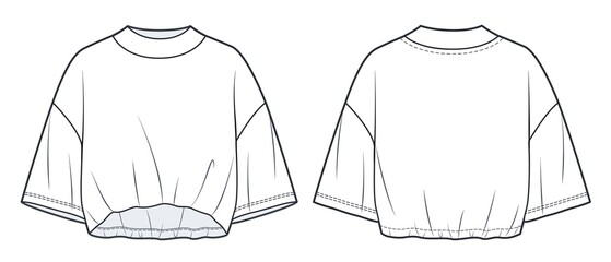 Unisex Crop Tee Shirt technical fashion Illustration. Oversize T-Shirt fashion flat technical drawing template, round neck, elastic bottom, front, back view, white, women, men, unisex CAD mock-up.