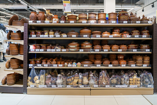 Shelves with earthenware eco-friendly utensils in the store. Illustrative editorial. April 13, 2022 Beltsy Moldova