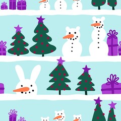 Winter seamless snowman and snowflakes pattern for Christmas wrapping paper and kids notebooks
