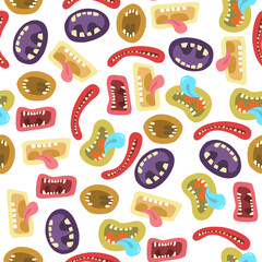 Seamless pattern. Vector collection of monsters scary mouthes with blue and pink tongue out for halloween parties. Wrapping and gift paper. Wallpaper. Tric or treat