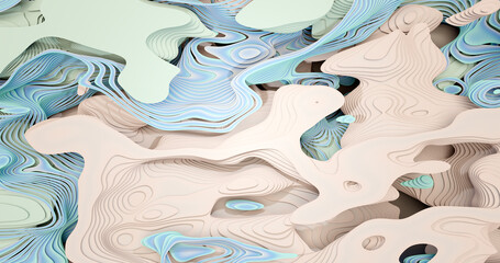 3d rendering. Abstract background of lines and stripes of pastel colors curved by turbulence on a white background.