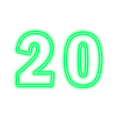 Neon green number 20 isolated on white. Serial number, price, place