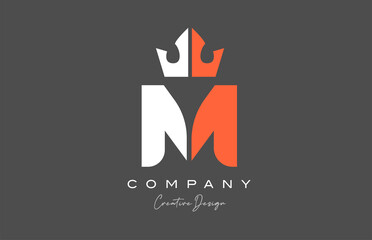 orange grey white M alphabet letter logo icon design. Creative king crown template for company and business