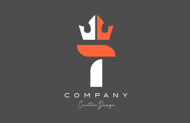 orange grey white T alphabet letter logo icon design. Creative king crown template for company and business