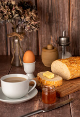 Food photography of  breakfast, egg, bread, cappuccino, butter