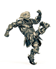 little alien warrior is kicking and looking up