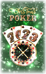 Happy New 2023 year. Christmas Casino banner with roulette and poker cards, vector illustration