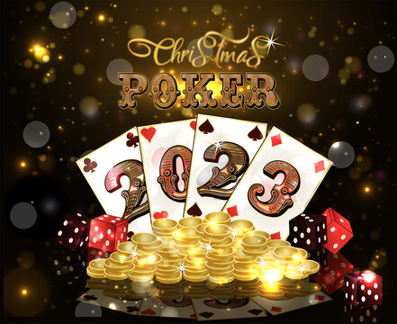 Christmas casino wallpaper with poker cards and golden coins, New 2023 year, vector illustration