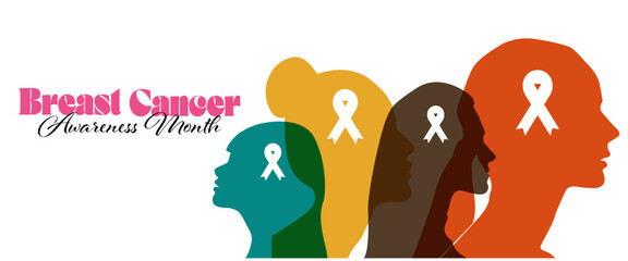  Breast cancer awareness prevention month poster. Women silhouette head isolated with pink ribbons