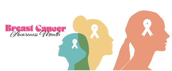  Breast cancer awareness prevention month poster. Women silhouette head isolated with pink ribbons