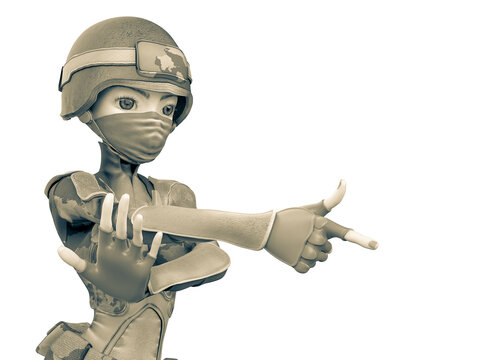 soldier girl cartoon girl in action with pistol finger side view