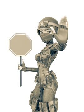 soldier girl cartoon girl is holding a stop sign