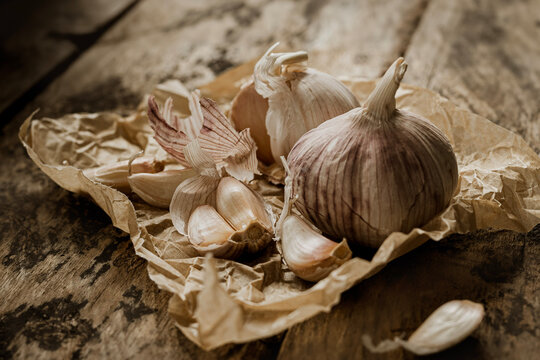garlic on a wooden table