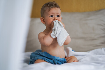 cute naked almost one year old blond baby boy sitting at home on a cozy bed after bathing and playing or biting a white flannel face cloth because of teething and suck water