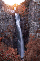 Sweden's highest waterfall "Njupeskär" is 93 metres high with a free fall of 70 metres.The waterfall is located in Fulufjället national park. Selective focus. © PhotosbyPatrick