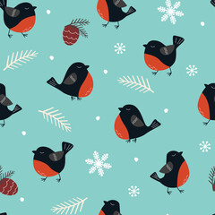 Seamless pattern with winter birds bullfinches, cones, snowflakes, spruce branches. Christmas print. Vector graphics.