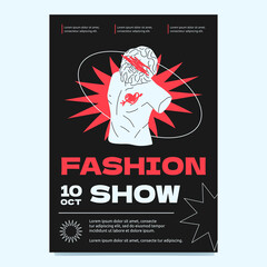 A trendy stylized poster with a sculpture of Zeus and doodles, geometric figures. Event, show, exhibition advertising template.