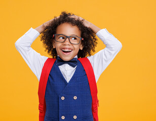 Happy curly schoolboy on color yellow background