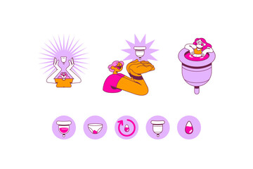 Copa menstrual. Set de ilustraciones. Menstruación y productos de higiene femenina