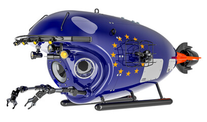 Bathyscaphe with the EU flag. Marine geology, oceanography in the European Union, 3D rendering