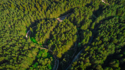 Aerial view of Abandoned or deserted remains of former bobsleigh track in Sarajevo, for the 1984...
