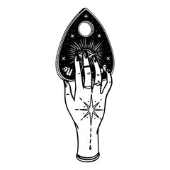 Ouija planchette for spirit talking board in fortune teller hands with tattoo. Astrology, witchcraft, book of spells. Hand drawn art, vector illustration isolated on white background.