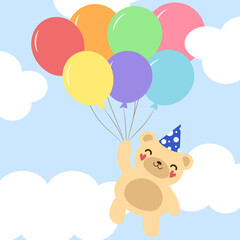 Cute bear flying in balloons, Happy birthday greeting card with cartoon bear.  Illustration.
