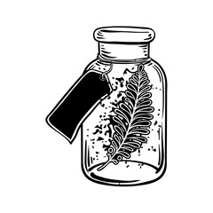 Blackwork tattoo flash. Plant with leaves inside bottle. Highly detailed vector illustration isolated on white. Tattoo design, mystic symbol. New school dotwork. Print, posters, t-shirts, textiles.