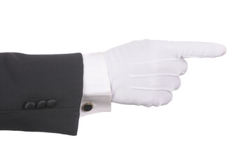 Butler's gloved hand pointing Hand and arm only in horizontal format. Can be rotated to be pointing in any direction over transparent background