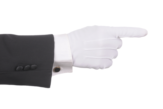 Butler's gloved hand pointing Hand and arm only in horizontal format. Can be rotated to be pointing in any direction over transparent background