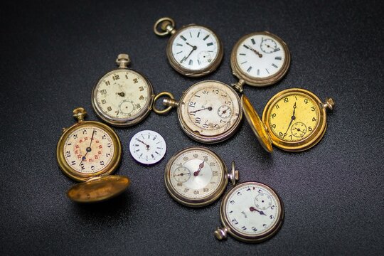 Vintage Pocket Watch And Hour Glass Or Sand Timer, Symbols Of Time With Copy Space