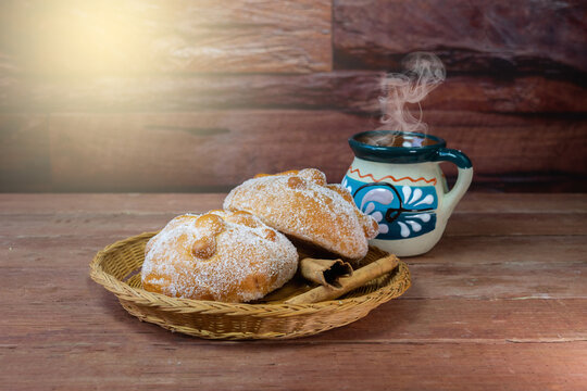 dead bread and traditional cup of mexican coffee. day of the Dead