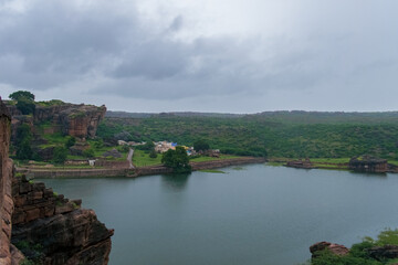 Fototapeta na wymiar Landscape areal badami hills with agasthya lake.