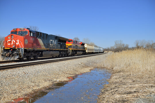 A Freight Train Waiting On A Passing Siding For Another Freight Train To Pass Heading In The Opposite Direction In Northeastern Illinois. 