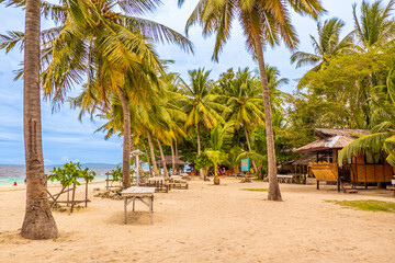 Beautiful beach with lots of coconut trees. This is in Samal Island, Philippines in South East Asia. This is a beach resort where people can swim, relax, rest and be at peace. There is white sand.