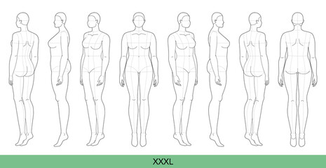 Set of XXXL Women Fashion template 9 nine head size Croquis over size Lady model Curvy body figure front, side, 3-4, back view. Vector outline girl for Fashion Design, Illustration, technical drawing
