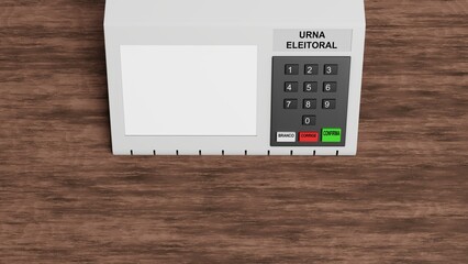 Renderização 3D de vista superior de urna eletrônica brasileira, com tela branca e escritas dizendo em português: "branco", "corrige", "confirma" e "urna eleitoral"