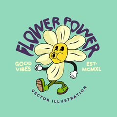 A vintage psychedelic flower character walking and whistling. Vector illustration