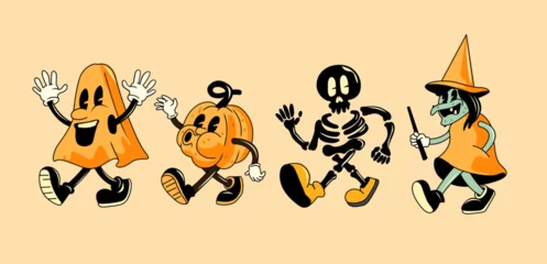 Rolgordijnen A collection of vintage style halloween characters including a ghost, pumpkin and witch. Vector illustration © James Thew