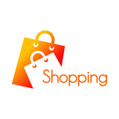 Logotipo con texto Shopping con una bolsa de la compra. Bolsa de la compra en espacio negativo