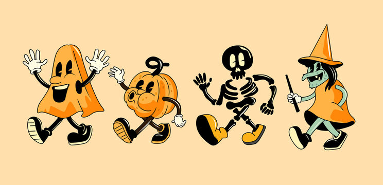 A collection of vintage style halloween characters including a ghost, pumpkin and witch. Vector illustration