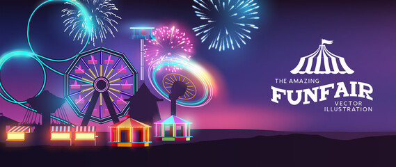 Ciricus and funffair event with rides glowing at night and fireworks in the distance. Vector illustration.