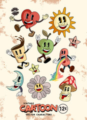 A collection of retro style happy cartoon characters smiling. Vector illustration