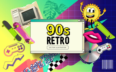 1990s retro background themed frame with iconic nineties objects and patterns. Vector illustration.
