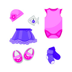 Set of baby clothes and accessories for girl on white background