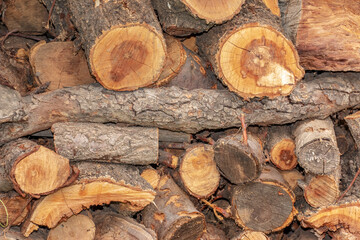 Natural wooden background - close-up of chopped firewood. Firewood is stacked and prepared for winter. The concept of the world energy crisis.