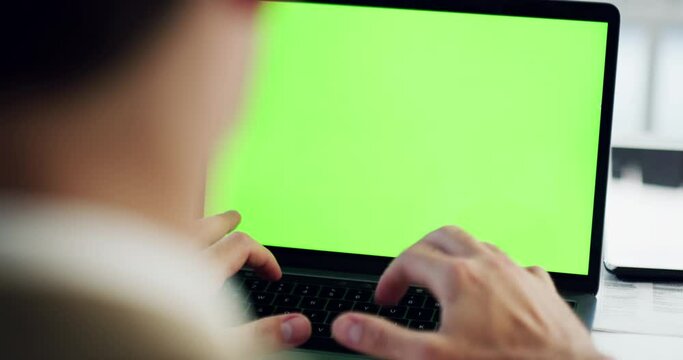 Chroma key, computer and green screen with mockup of a laptop monitor with businessman typing. Working, planning and work web research of a business man writing a job email or IT coding mock up