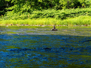 A small cairn in the middle of the water in Pennsylvania Grand Canyon. Pine Creek Gorge.