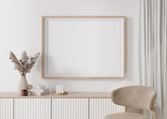 Fototapeta Empty Horizontal Picture Frame On White Wall In Modern Living Room. Mock Up Interior obraz
